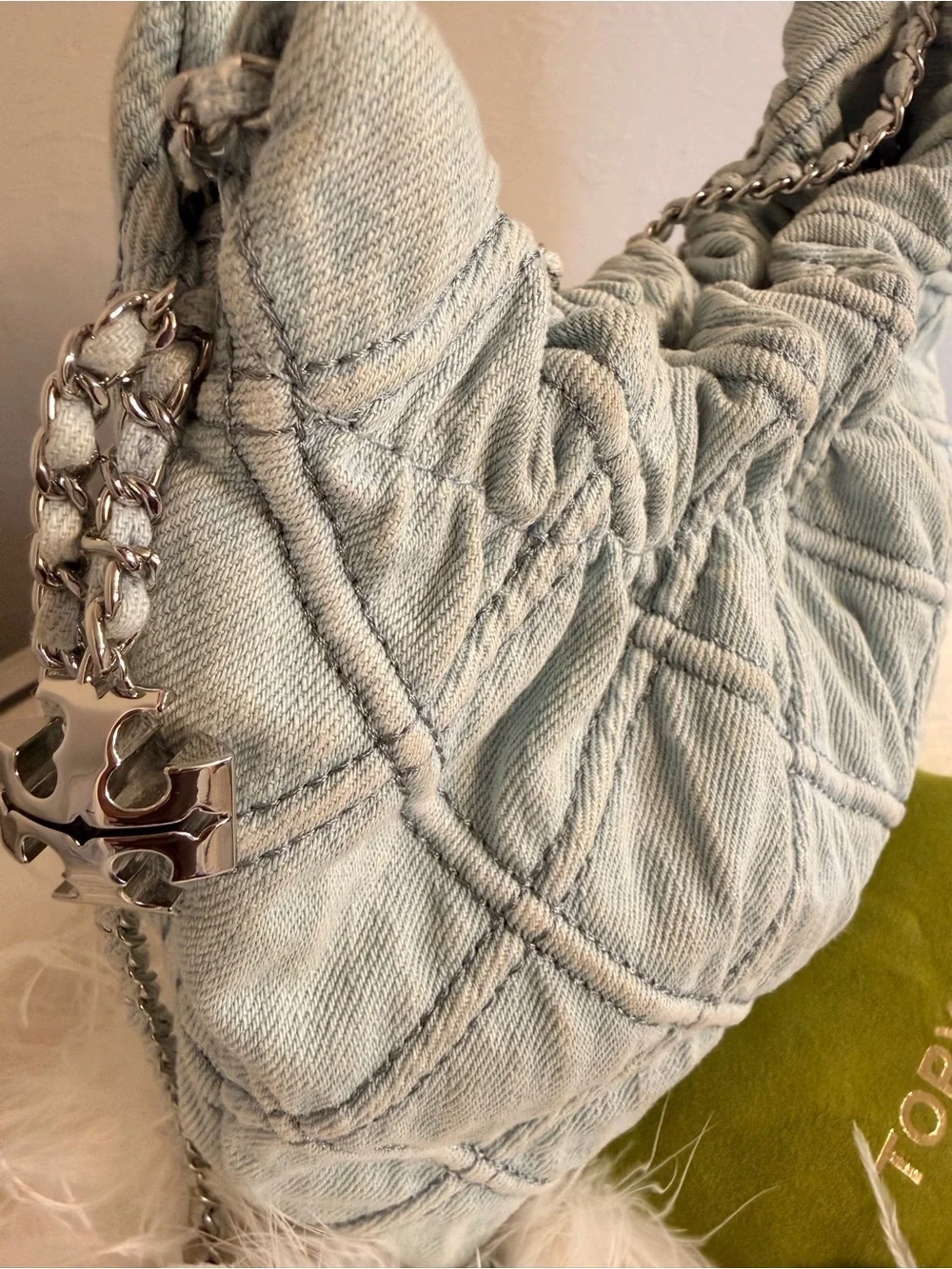 Tory Burch Mini Fleming Quilted Denim Hobo Bag
